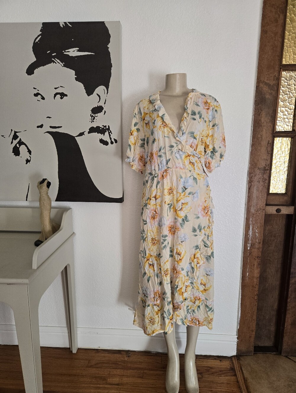 NWT Old Navy Floral V-Neck Midi Dress in Cream and Yellow Size XL